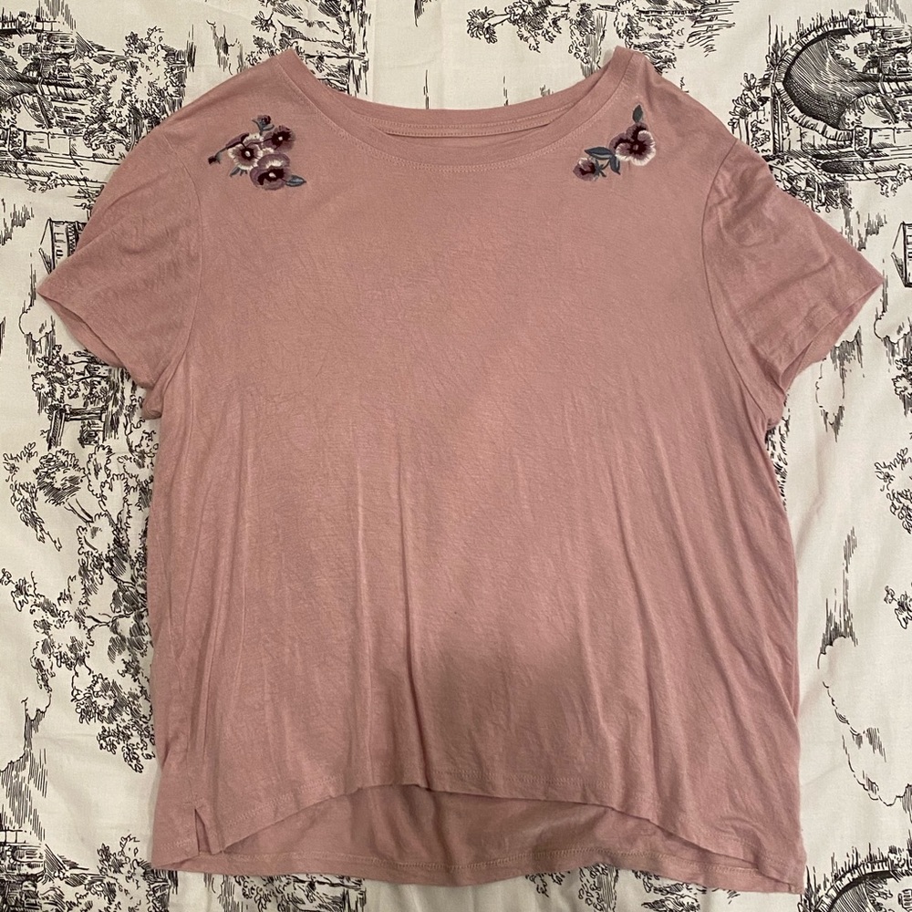 Pink floral embroidered t-shirt